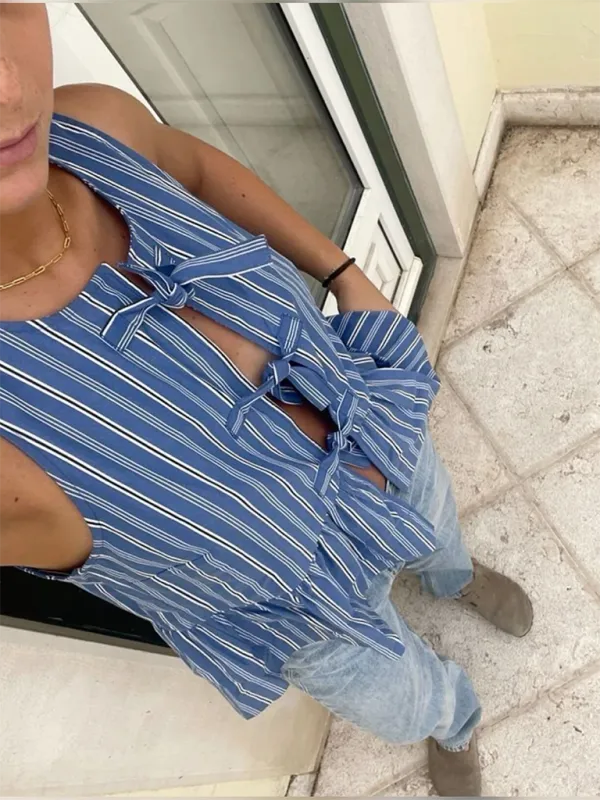 Anna's Bow Tie Striped Cotton Vest Shirt