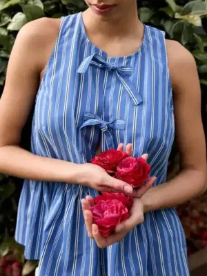 Anna's Bow Tie Striped Cotton Vest Shirt