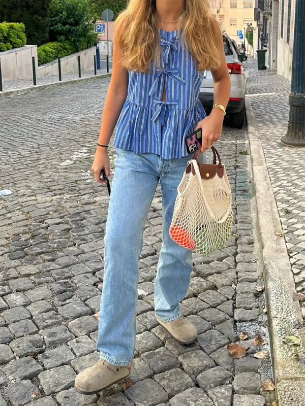 Anna's Bow Tie Striped Cotton Vest Shirt