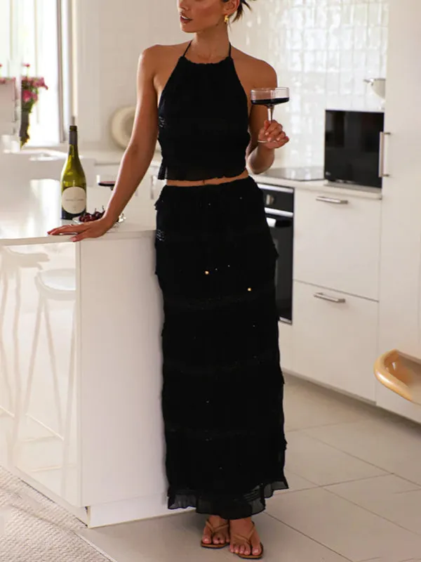 Ava's Sleeveless Chiffon Elastic Waist Maxi Two-Piece Suit