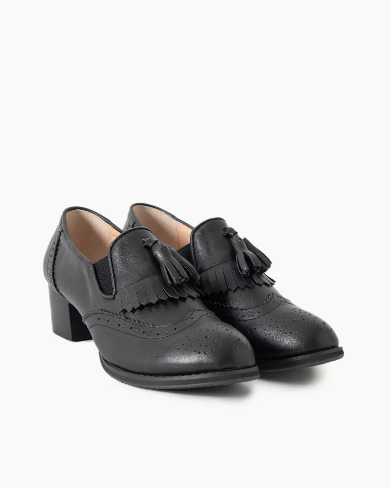 Black and White Classic Fringed Chunky Heel Oxford Shoes