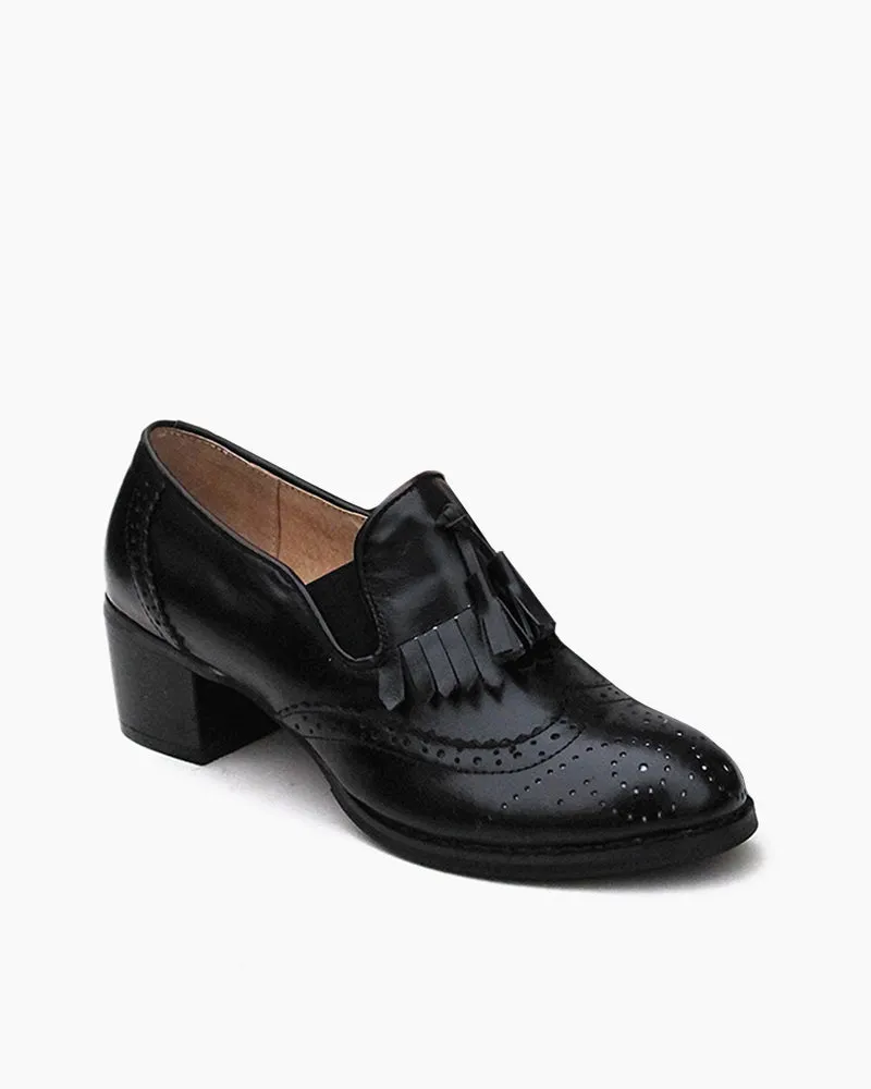 Black and White Classic Fringed Chunky Heel Oxford Shoes