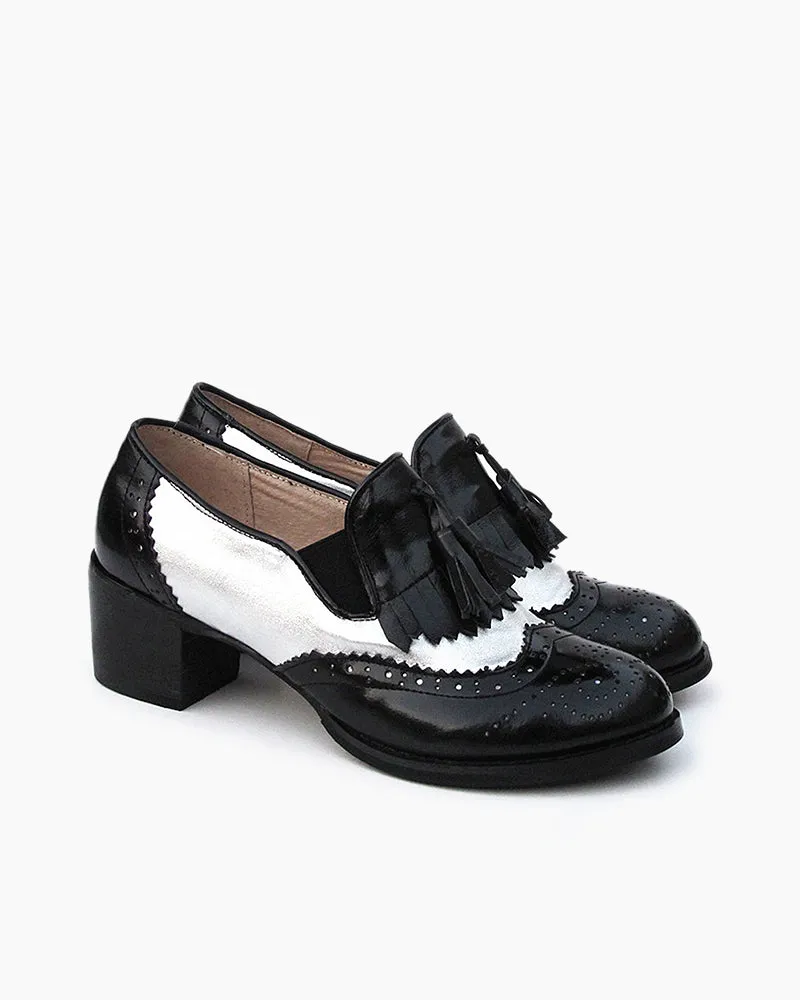 Black and White Classic Fringed Chunky Heel Oxford Shoes