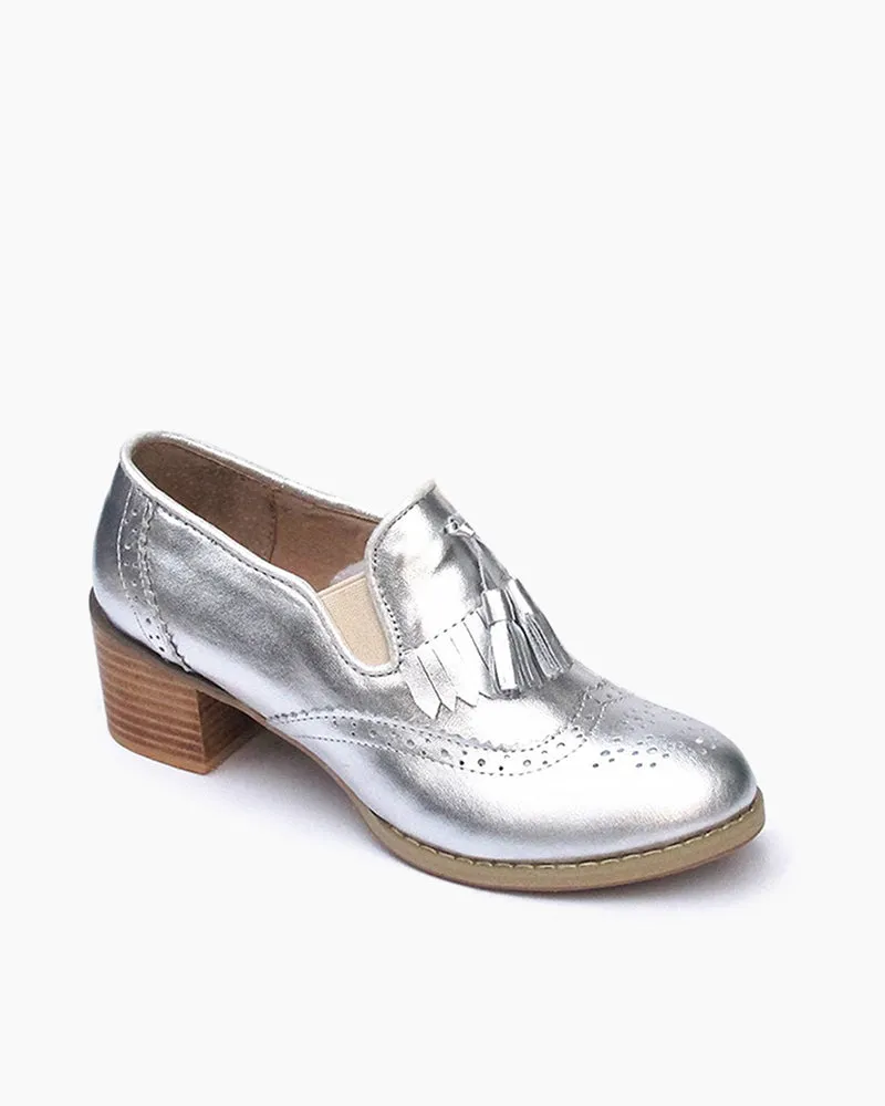 Black and White Classic Fringed Chunky Heel Oxford Shoes