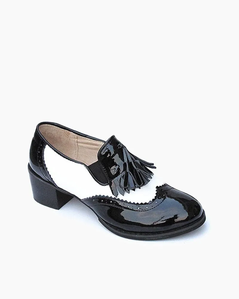 Black and White Classic Fringed Chunky Heel Oxford Shoes