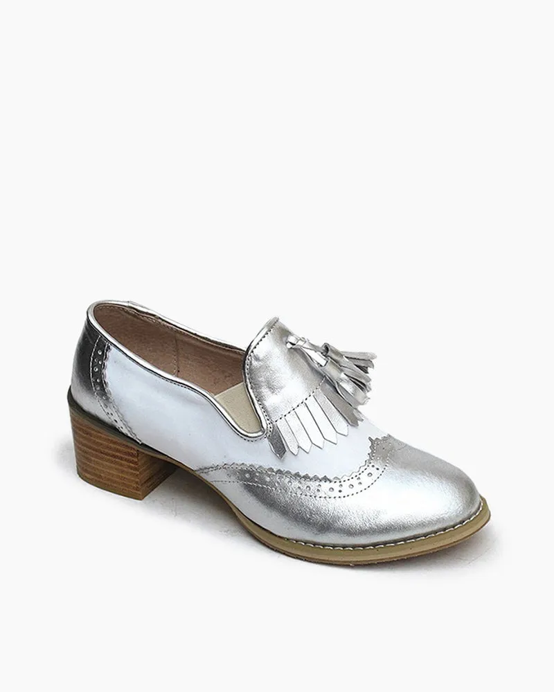 Black and White Classic Fringed Chunky Heel Oxford Shoes