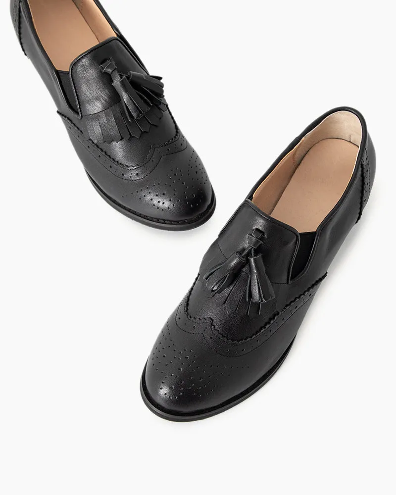 Black and White Classic Fringed Chunky Heel Oxford Shoes