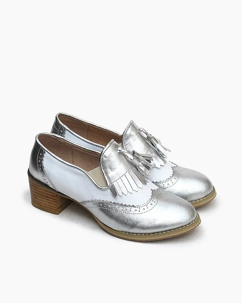 Black and White Classic Fringed Chunky Heel Oxford Shoes