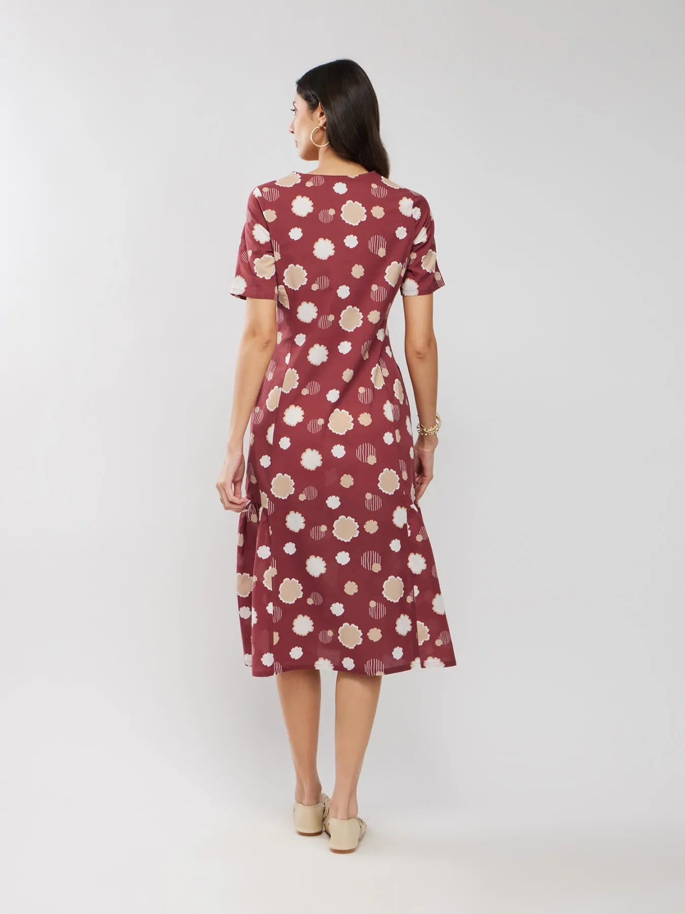 Cotton Floral Relaxed Dress - Rust