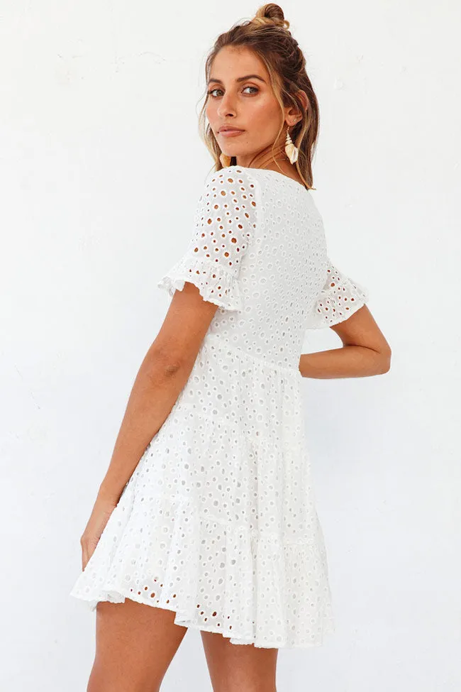 Flytonn-nye outfits Sweet Broderie Anglaise V Neck Mini Babydoll Dress - White-back to school outfits Christmas  Outfits Thanksgiving Gift New Year's Eve