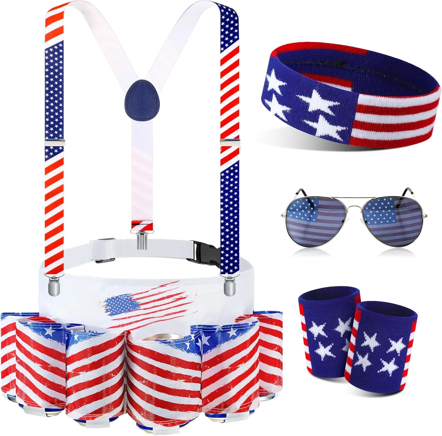 Mepase 5 Pcs 4th of July Beverage Beer Belt Set USA Belt Fanny Pack Drink Holder American Flag Outfit for Man Patriotic Independence Day Party(Flag)