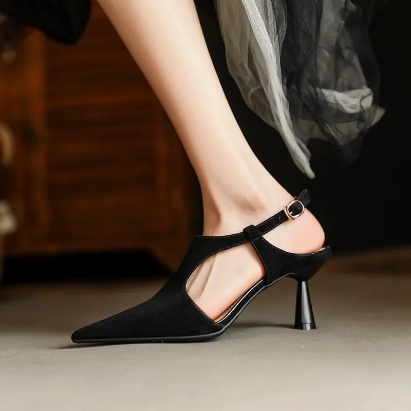 pointed open toe heels with ankle strap