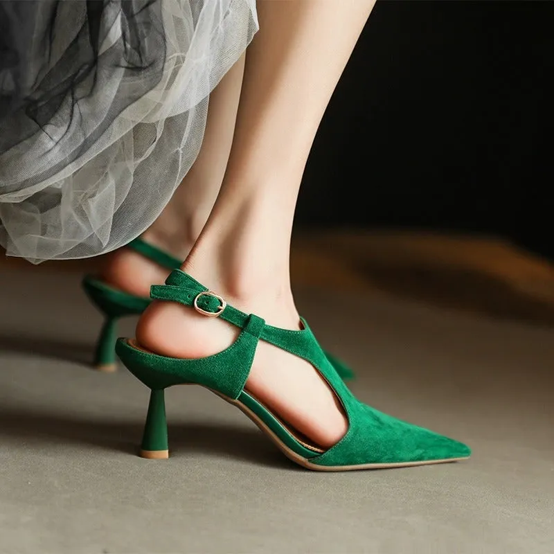 pointed open toe heels with ankle strap