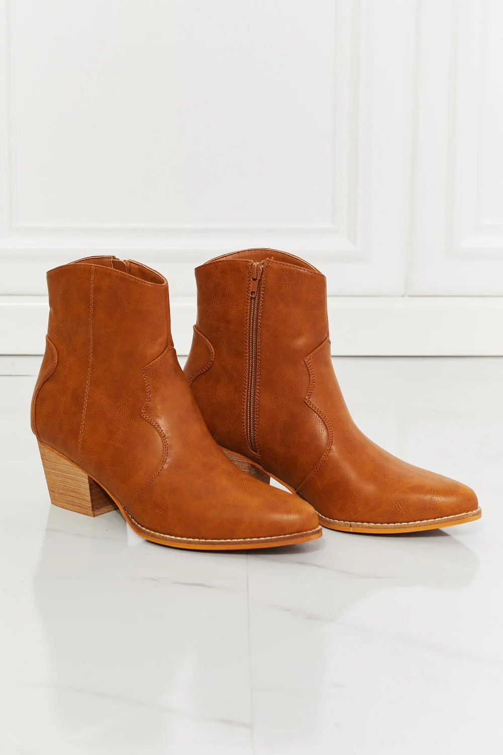 Western Chic: MMShoes Watertower Town Faux Leather Western Ankle Boots in Ochre